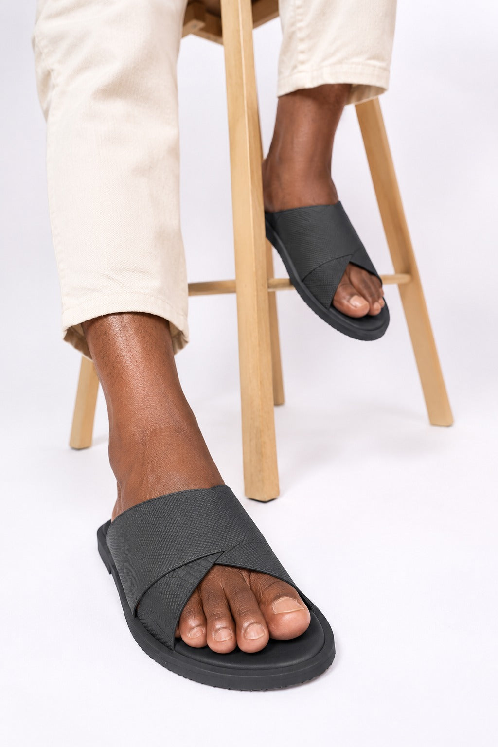SANWI noir à rayures – Sandales homme – Cuir véritable